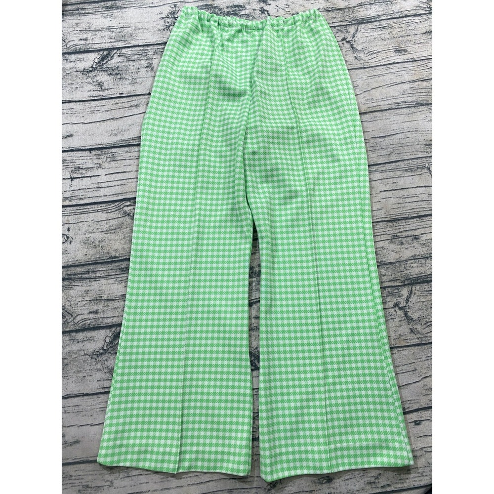 60s‎ 70s Shamrock Gingham Plaid Flare Bell Bottom Wide Leg Knit Pants Green Vtg